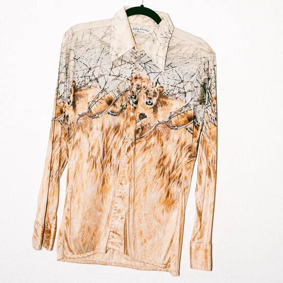 Vintage 70s Oleg Cassini by Burma Butterfly-Collar Disco Shirt – Lion Scene - Picture 2 of 5